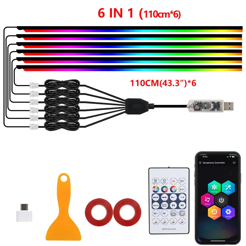 10/6/4/2/1 in 1 Car Full RGB LED Ambient Rainbow Light Strip/ USB Dream Symphon Music Atmosphere Lamp with App Remote Control