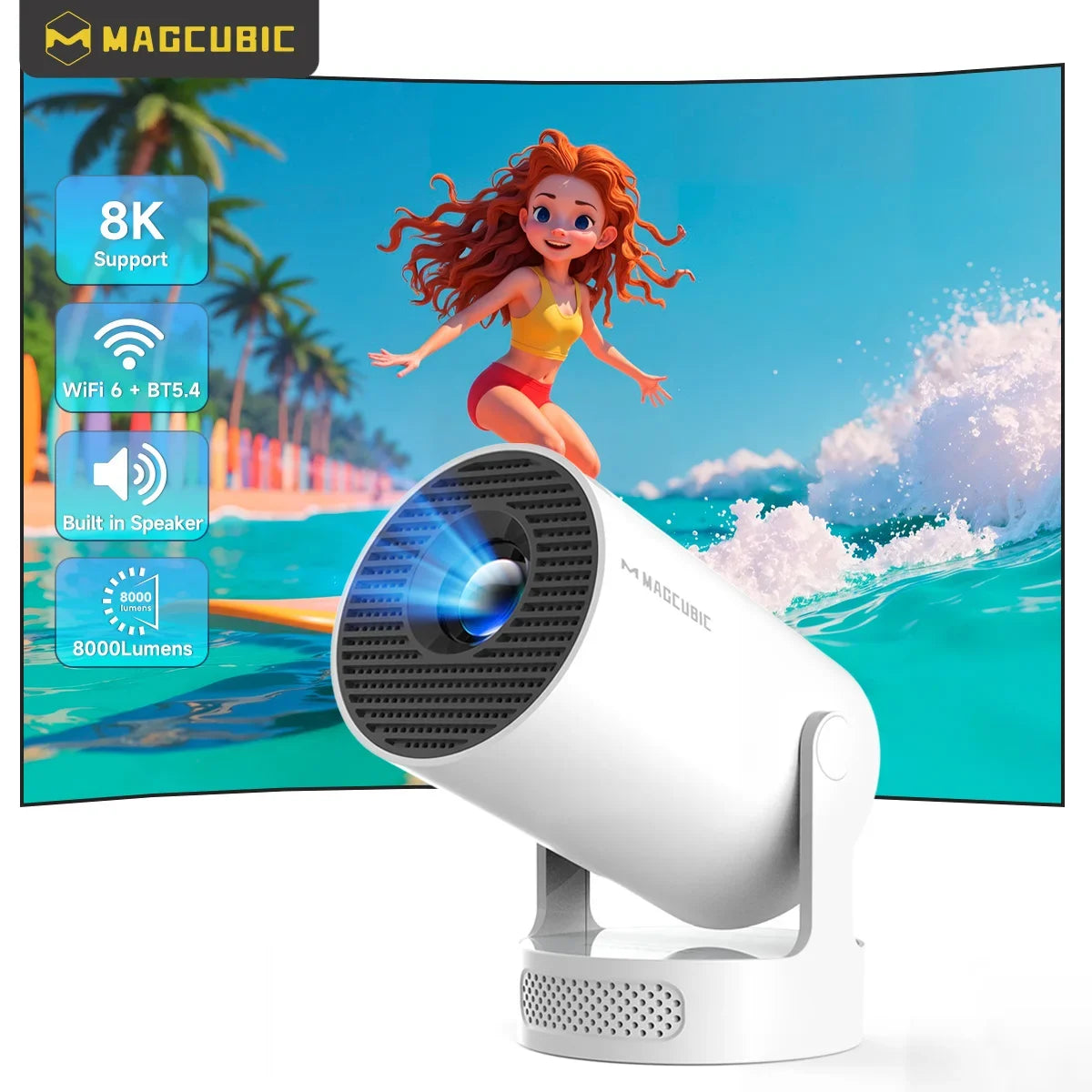 HY300 Pro + Projector 8K 720P with 5W Speaker Android 14 8000 Lumens Wifi 6 BT5.4 Outdoor Video Home Theater Projector