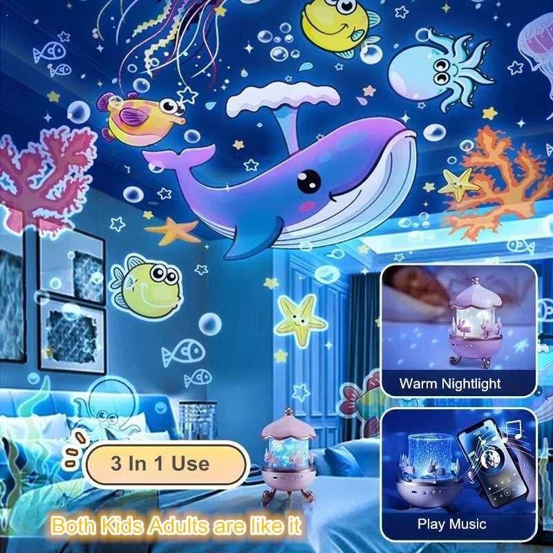 Projector Night Light with Speaker for Kids Room Decor 12 Films Kawaii Ocean Projection Nightlights for Baby Bedroom Gifts