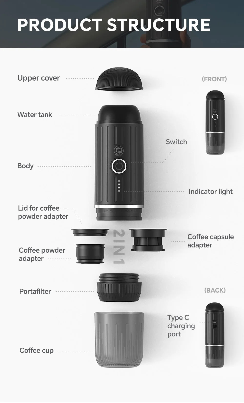 Icafilas Wireless Electric Portable Espresso Coffee Machine for Car & Home Camping Coffee Maker Fit Nespresso Capsule Powder