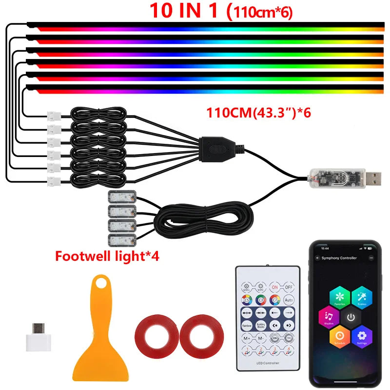 10/6/4/2/1 in 1 Car Full RGB LED Ambient Rainbow Light Strip/ USB Dream Symphon Music Atmosphere Lamp with App Remote Control