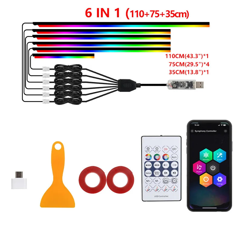 10/6/4/2/1 in 1 Car Full RGB LED Ambient Rainbow Light Strip/ USB Dream Symphon Music Atmosphere Lamp with App Remote Control