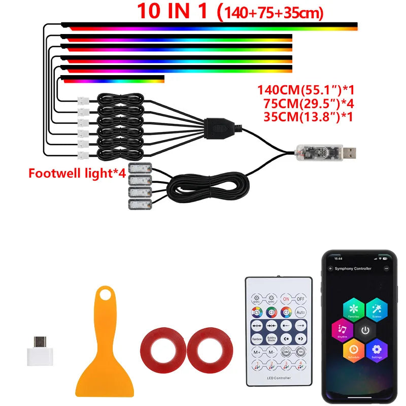 10/6/4/2/1 in 1 Car Full RGB LED Ambient Rainbow Light Strip/ USB Dream Symphon Music Atmosphere Lamp with App Remote Control