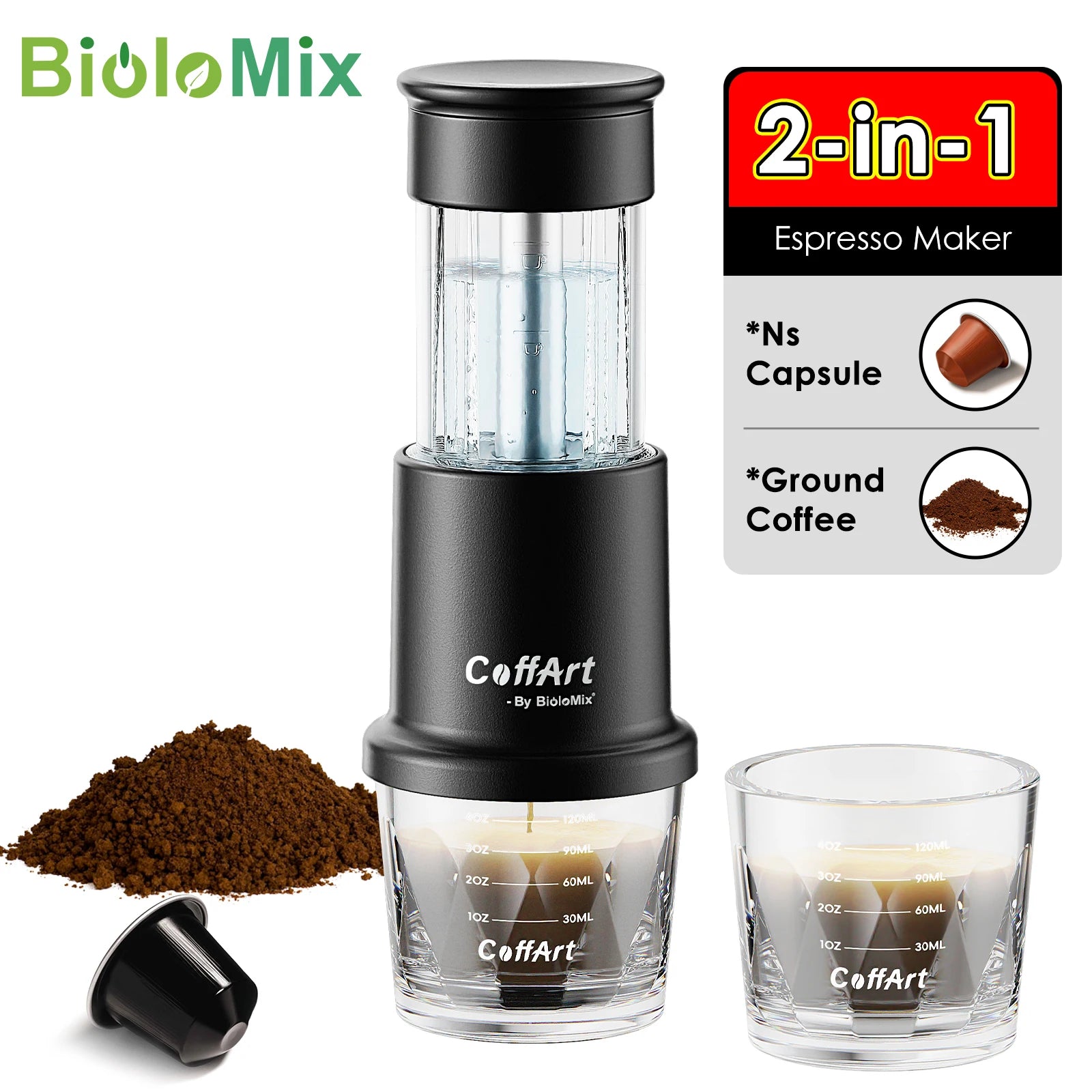 2 in 1 Manual Espresso Coffee Machine Hot/Cold Portable Coffee Maker for NS Capsules & Ground Hand Press,Hiking Camping