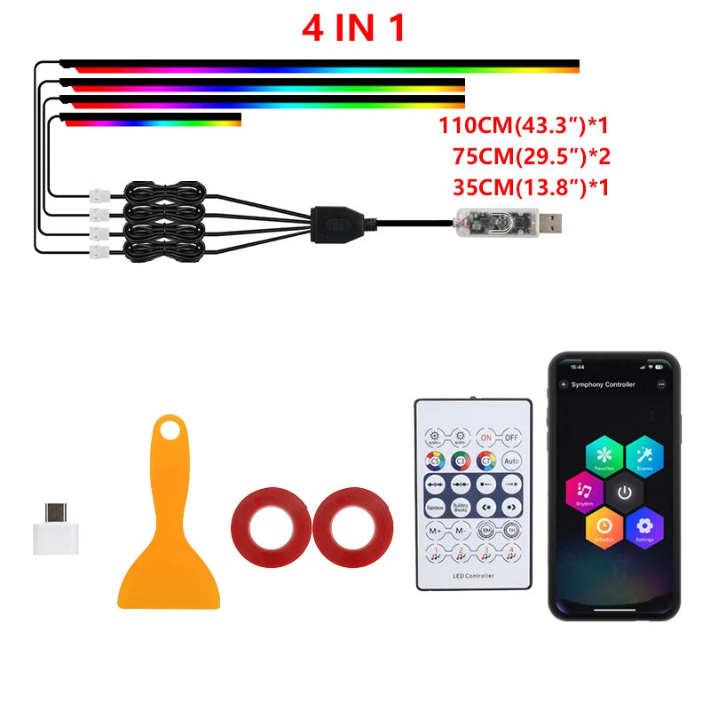 10/6/4/2/1 in 1 Car Full RGB LED Ambient Rainbow Light Strip/ USB Dream Symphon Music Atmosphere Lamp with App Remote Control
