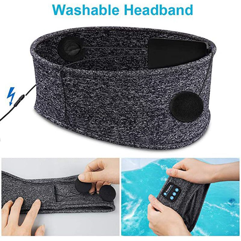 Gray Bluetooth sleep mask, side view showing the flat speaker housing