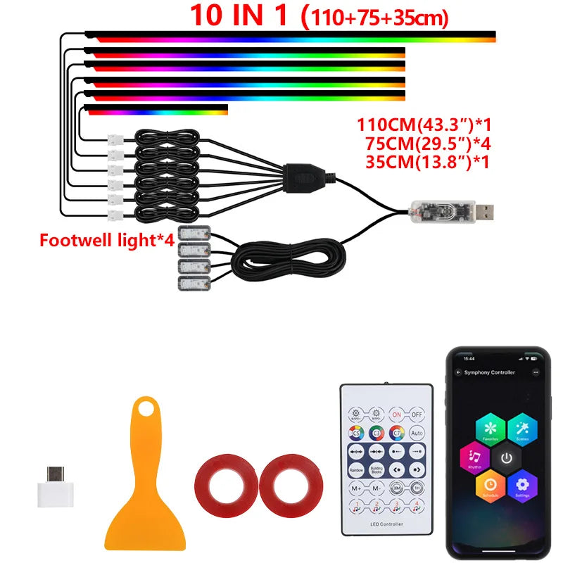 10/6/4/2/1 in 1 Car Full RGB LED Ambient Rainbow Light Strip/ USB Dream Symphon Music Atmosphere Lamp with App Remote Control